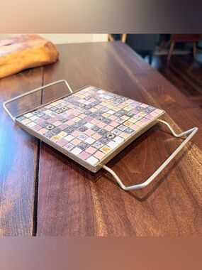 MCM  Vtg Mosaic Tile Trivet w/Handles Pinks/Purple Silvertone 6x6" Square USA